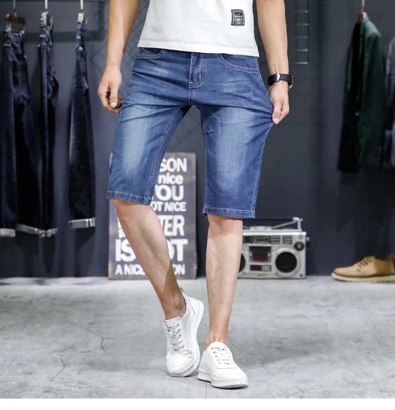 KSTUN Mens Jeans Brand Shorts Jeans Men Denim Pants Sky Blue Elastic Slim Straight Casual Knee