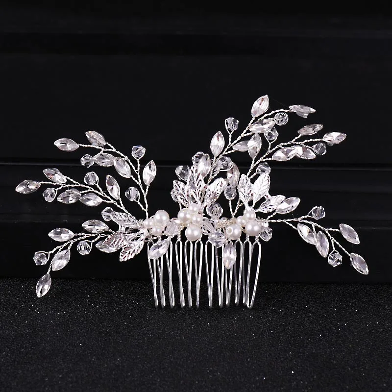 

Silver Leaf Rhinestone Bridesmaid Hair Comb Crystal Pearls Beaded Bridal Headdress Wedding Hair Accessories Jewelry for Women JL
