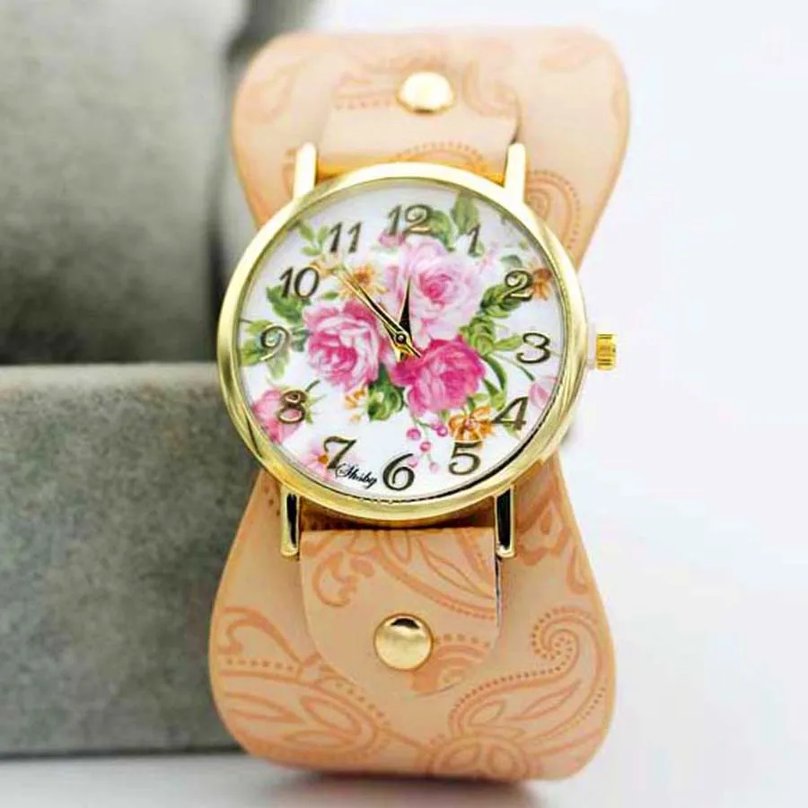 Shsby, Новое поступление, напечатанный кожаный браслет, наручные часы, широкий ремешок, платье, часы, много цветов, женские повседневные часы, подарок для девочки - Цвет: Розовый