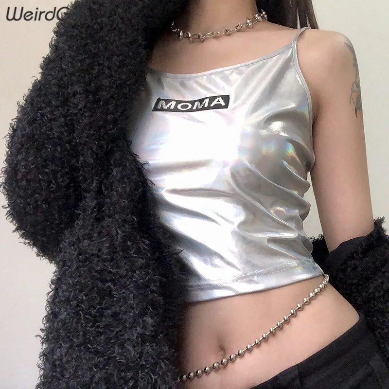 Weirdgirl, женские майки, светоотражающие, с буквенным принтом, сексуальные, модные, без рукавов, кроп-топы, уличная, тонкая, летняя, современная, женская, на бретелях, новинка