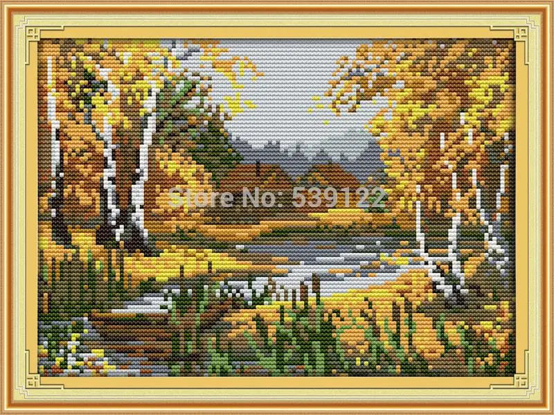 

Scenic Cross Stitch Kits With The Written Pattern Birches Stream Diy Needlework Dmc Counted Cross Stitch Fabric Canvas Home Deco