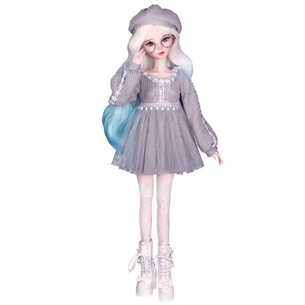 Fashion Sweater Gauzy Coat Dress with Beret Lace Stockings Hat Leggings Suits for 1/3 BJD 60cm Dolls Accs Gray