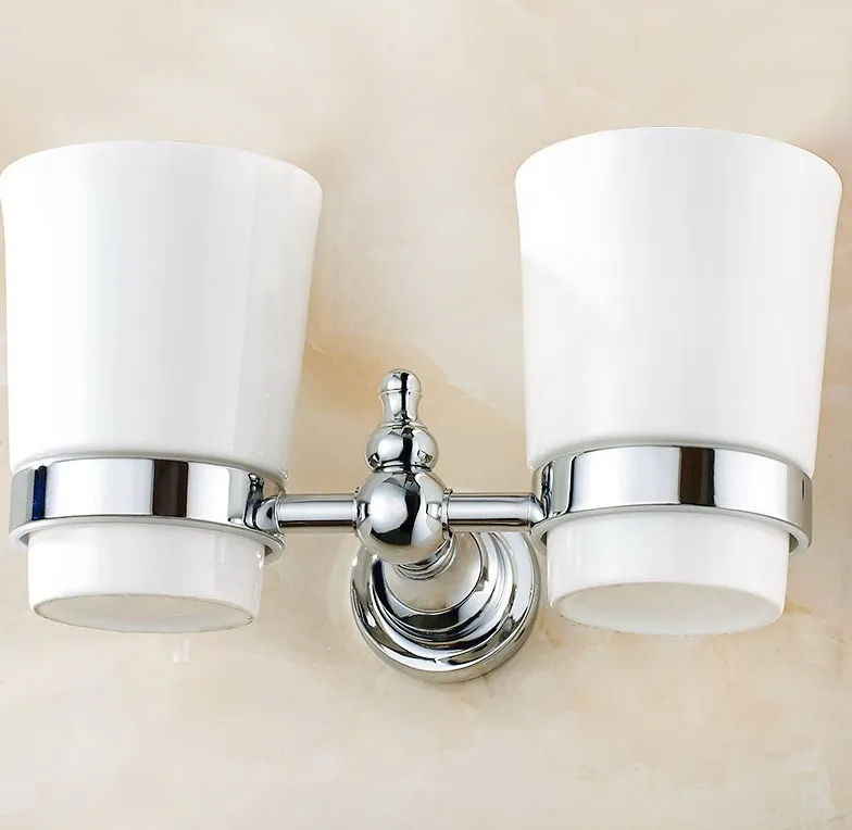 

Wall Mounted Polished Chrome Brass Bathroom Toothbrush Holder Set Bathroom Accessory Dual Ceramic Cup mba908