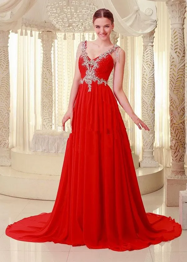 Real Image Light Sky Blue Red Chiffon Crystal Prom Dresses for Party Beads Backless Evening