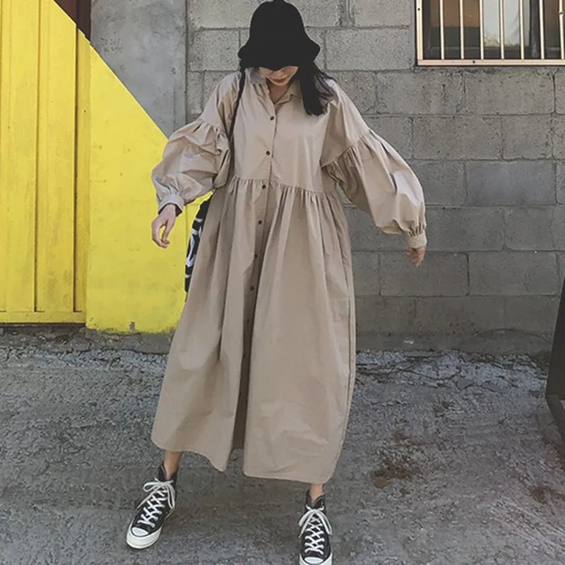 

EWQ 2019 summer new Streetwear style Turn-down Collar Lantern Sleeve Mid-Calf Loose Leisure student clothing women dress QG93504