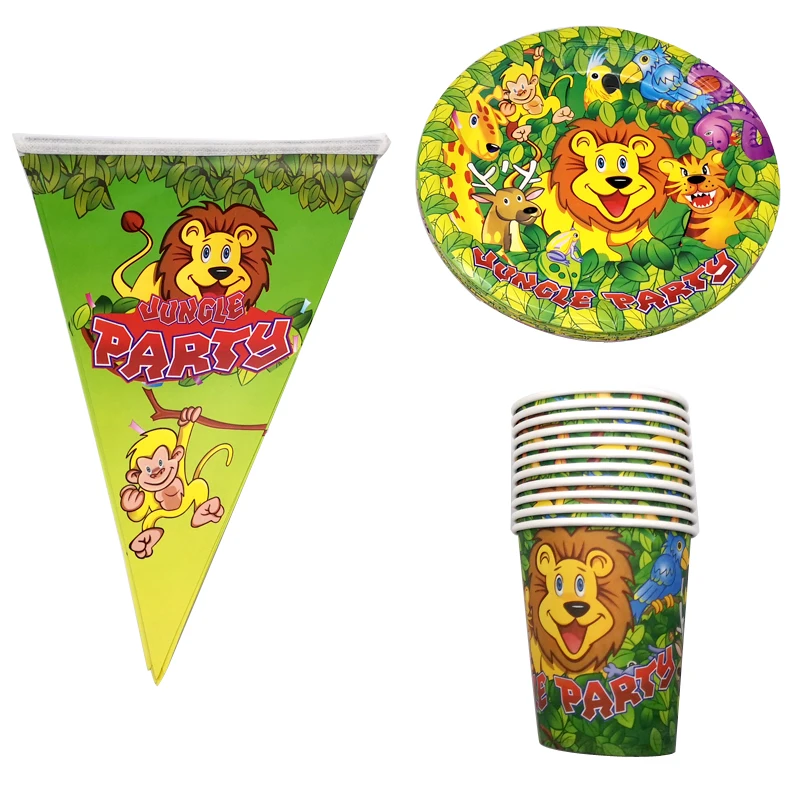 

50pcs/lot Baby Shower Jungle Animal Monkey Theme Plates Cups Hanging Banner Birthday Party Flag Pennant Decoration Tableware Set