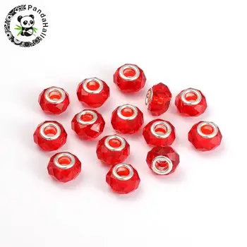 

100pc Glass European Beads, with Double Cores, Faceted, Rondelle, Red, 14x8mm, Hole: 5mm