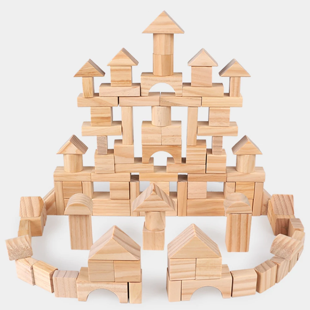 

100 Pcs/Lot DIY Premium Wooden Building Blocks Set Environmental Wooden Castle Blocks Kit Toys for Children Wood Stacking Cubes