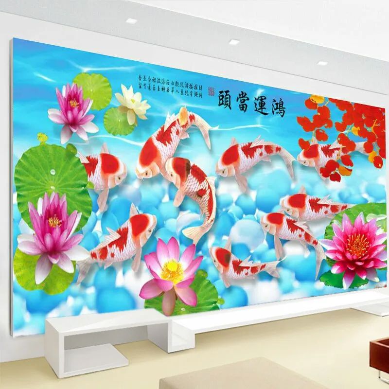 

QIANZEHUI,DIY Embroidery,DIY Round Diamond Fortune Nine Fish Lotus Full rhinestone Diamond painting cross stitch,needlework