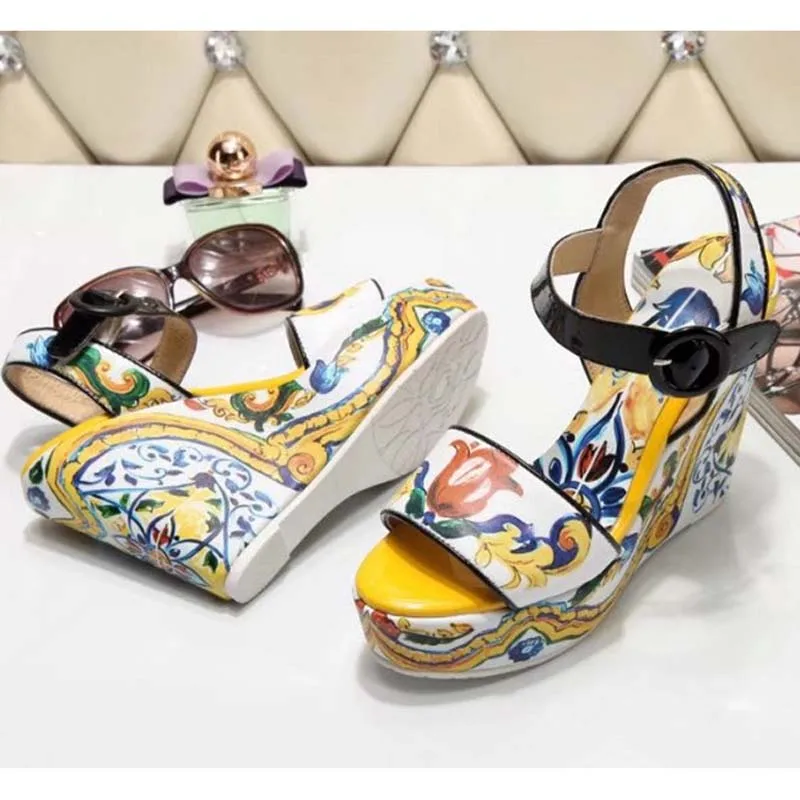 

2019 Newest Arrival Wedges Platform Sandals Women Open Toe Mixed Color Flower High Heels Sandals Party Dress Shoes Woman