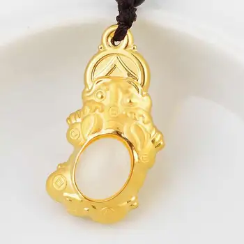 

New Arrival Yellow Gold Dragon Son Pixiu With White Jadeite Pendant Carved Bring Lucky Pendant With Certificate