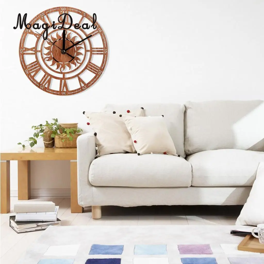 Large Round Sun Shaped Vintage Roman Handmade Decorative Art Wooden Large Wall Clock On The Wall For Gift 23cm