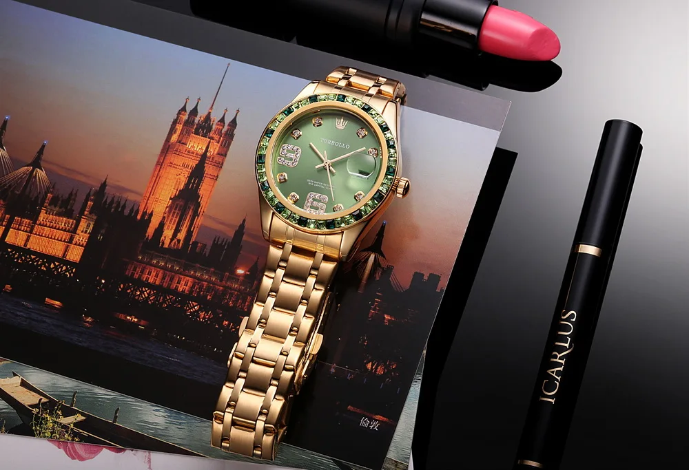 TORBOLLO роскошные женские часы с механизмом Miyota Кварцевые часы с датой и кристаллами зеленые женские часы с коробкой
