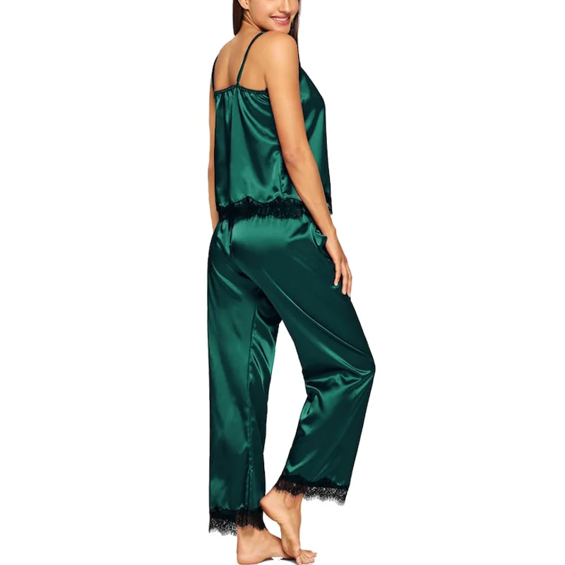 Goedkoop Satijnen Pyjama Voor Vrouwen Lace Top Met Lange Broek Winter Nachtkleding Zijde Pijama Comfortabele Thuis Kleren