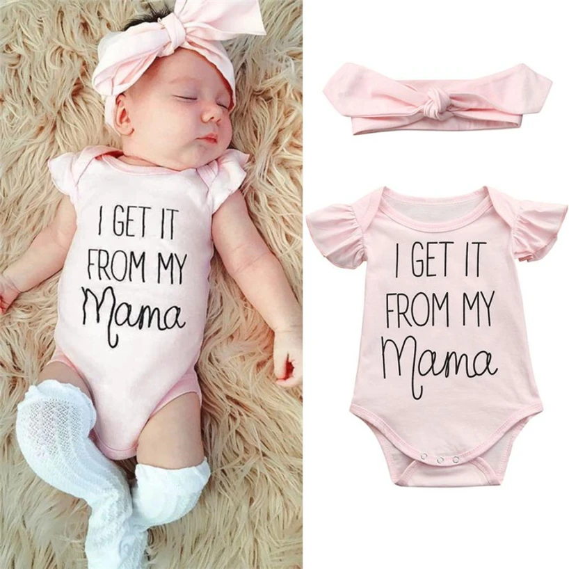 Комплект для маленьких девочек летняя одежда с надписью одежда комбинезон для младенца комбинезон+ повязка на голову 2018MAR22