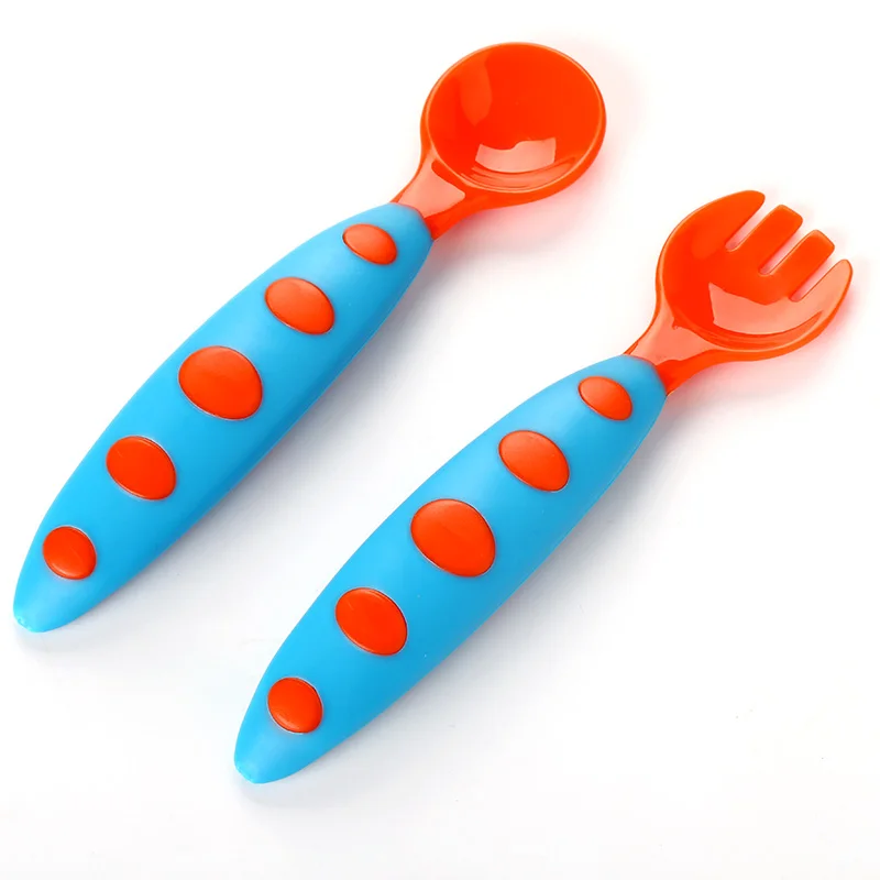 Colorful Safe Baby Spoon+ Fork Anti Skid Handle Learning Tableware