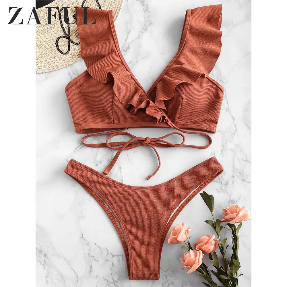Günstig ZAFUL Rippen Scrunch Butt Wrap Bikini Set Rüschen Tiefer Wrap Badeanzug Push Up Niedrigen Taille Frauen Bademode Sexy Badeanzug