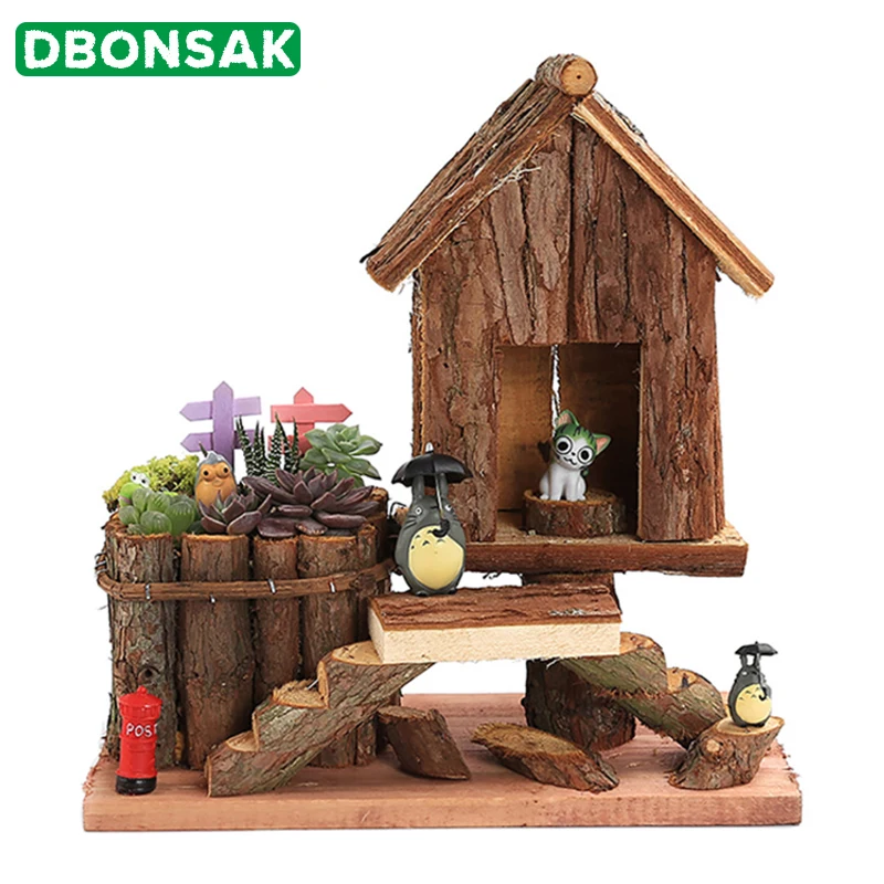 

Wooden Succulents Flowerpot Wood Tree Stump House Mini Plant Flower Pot Pottery Bonsai Fleshy Micro Landscape Home Decoration