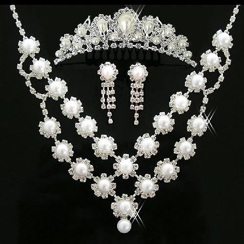Hot Beautiful Silver Plated White Pearl Small Clear Rhinestone Tiaras Necklace Earrings Bridal Jewelry Set Item
