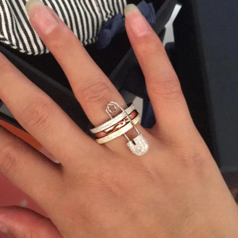 

2018 New Fashion Jewelry Cubic Zirconia Rings for Women Safety Pin 3 Stack Rings Jewelry Party Anniversary Gift Top Quality