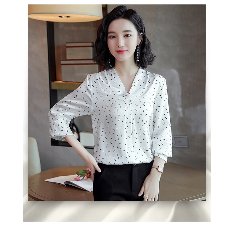 Женская шелковая рубашка Трикотажная рубашка с полным рукавом в европейском стиле Женская рубашка большого размера Удобная дышащая рубашка с V-образным вырезом KQLX662