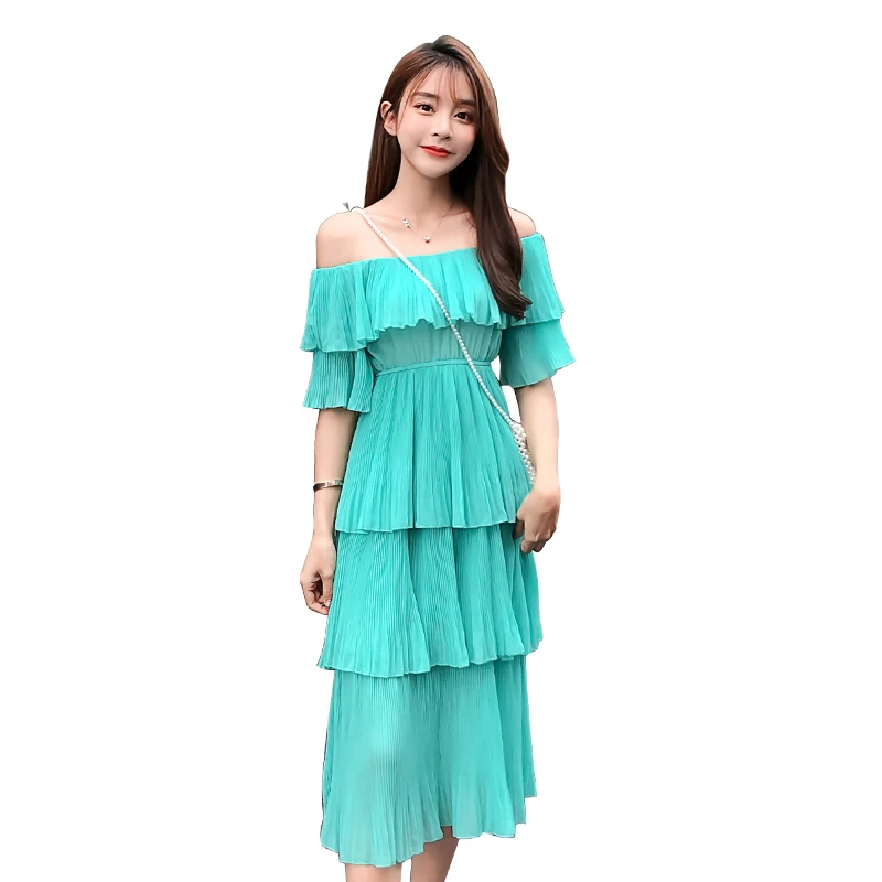 

2019 New Summer Women dress A Word Shoulder Pleated Upon Layer Cake Dresses Red Green 672
