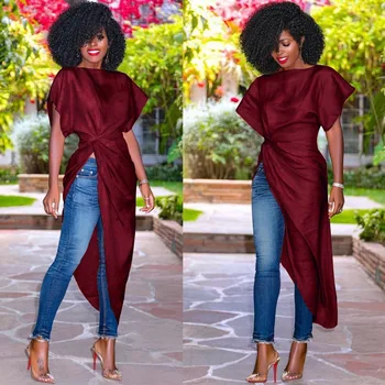 

High Quality Casual Solid Short O-Neck Split Pleated Long Tops Plus Size Sexy Ladies Red Blouse Mujer De Moda 2019 Tees