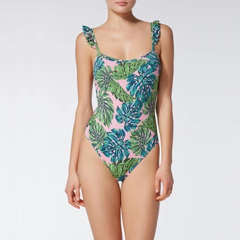 

Swimsuit Women 2018 New Ruffle One Piece Swimwear Push Up Monokini Bodysuit Leaf Print Swimsuit Backless Bathing Suit Beach Wear