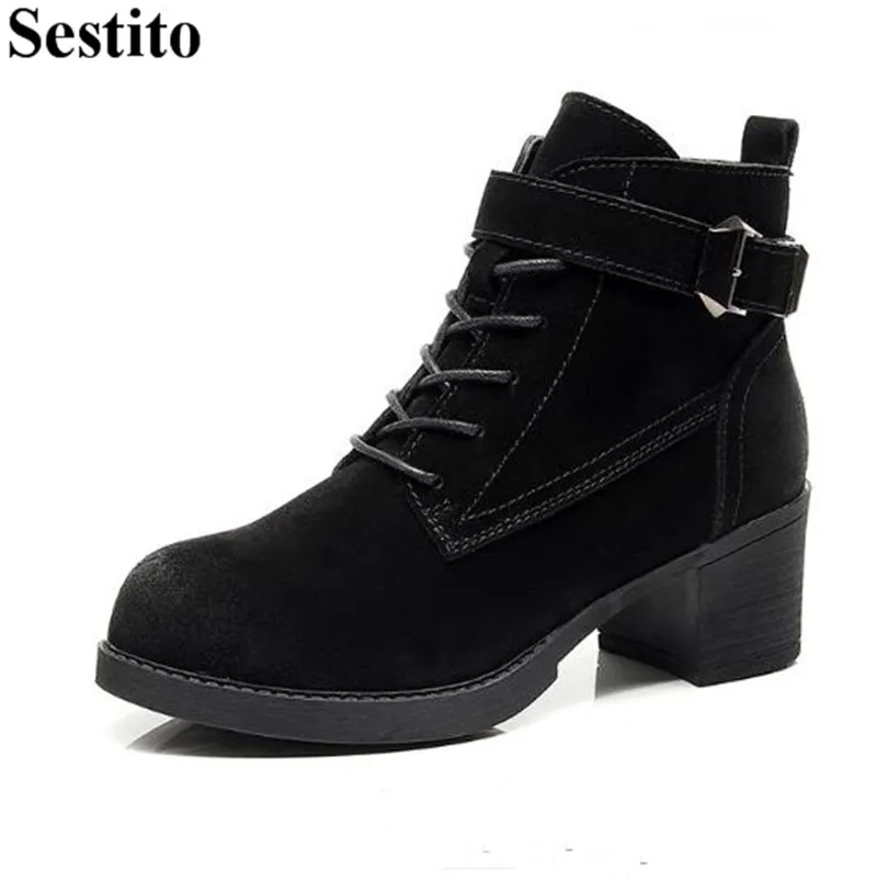 

New Black Leisure Cross-tied Buckle Casual Winter Boots Woman Ankle Boots For Women Med Square Heel Zip Short Boots Women Shoes
