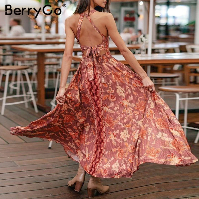 BerryGo, сексуальные женские платья с открытой спиной, длинное платье, летнее платье, цветочный принт, бохо, шнуровка, женские платья, винтажные платья