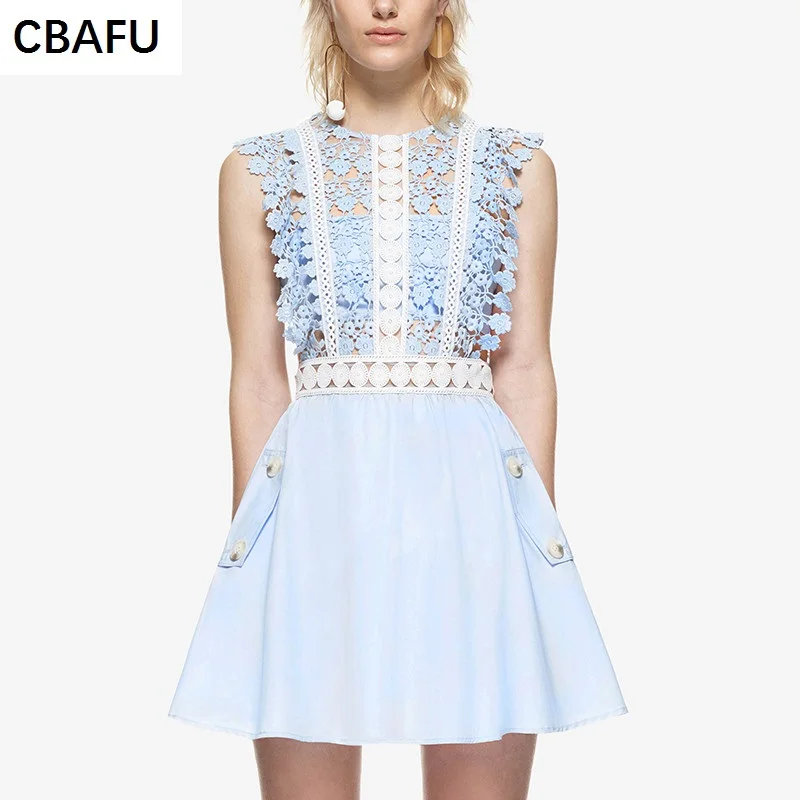 

CBAFU 2017 summer self portrait dresses ladies cute patchwork hollow out lace sleeveless dress mini short party dress X009