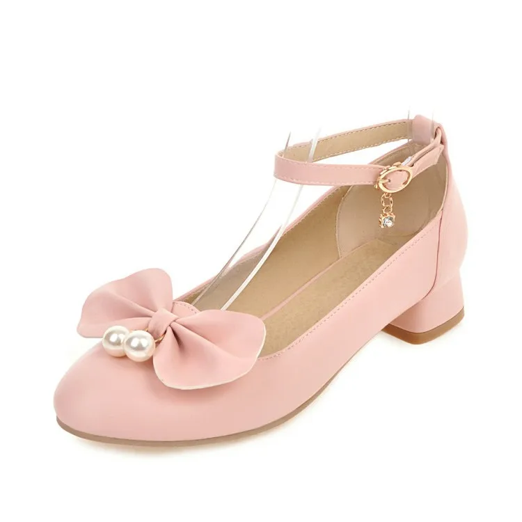 PXELENA/милые белые свадебные туфли на низком каблуке, розовые туфли в стиле Лолиты, женские туфли мэри джейн г. женские модельные туфли-лодочки с жемчугом и бантом, 34-45