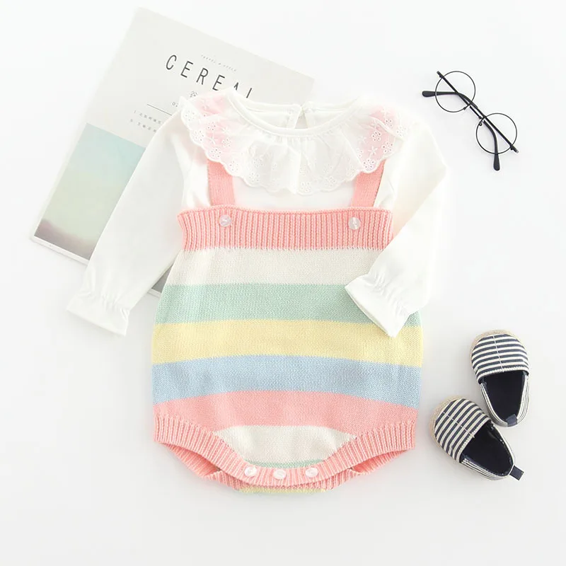 

Japan korea style ins cute rainbow knitted sweater overall romper baby toddler bubbles