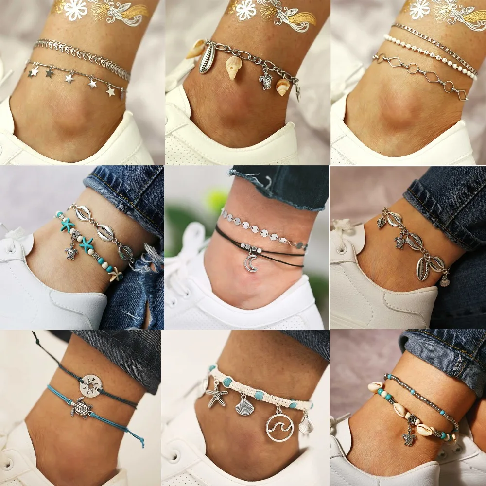 

OLOEY New Bohemian Women's Anklets Creative Retro Foot Chains Jewelry Female Beach Metal Anklets Set Ladies Accessories