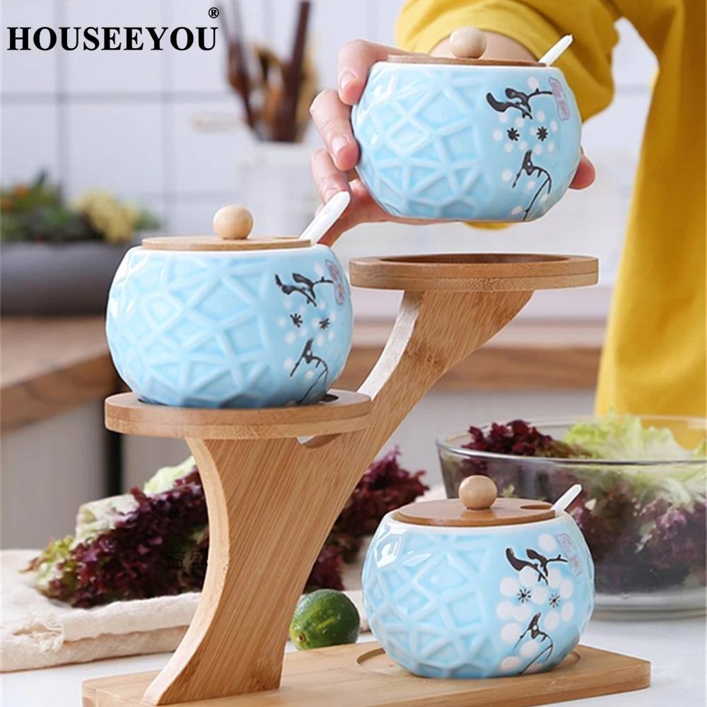 

Creative Tree Style Ceramic Seasoning Pot Spices Herb Sugar Salt Pepper Jar Jug Box Combination with Tray Holder Organizer