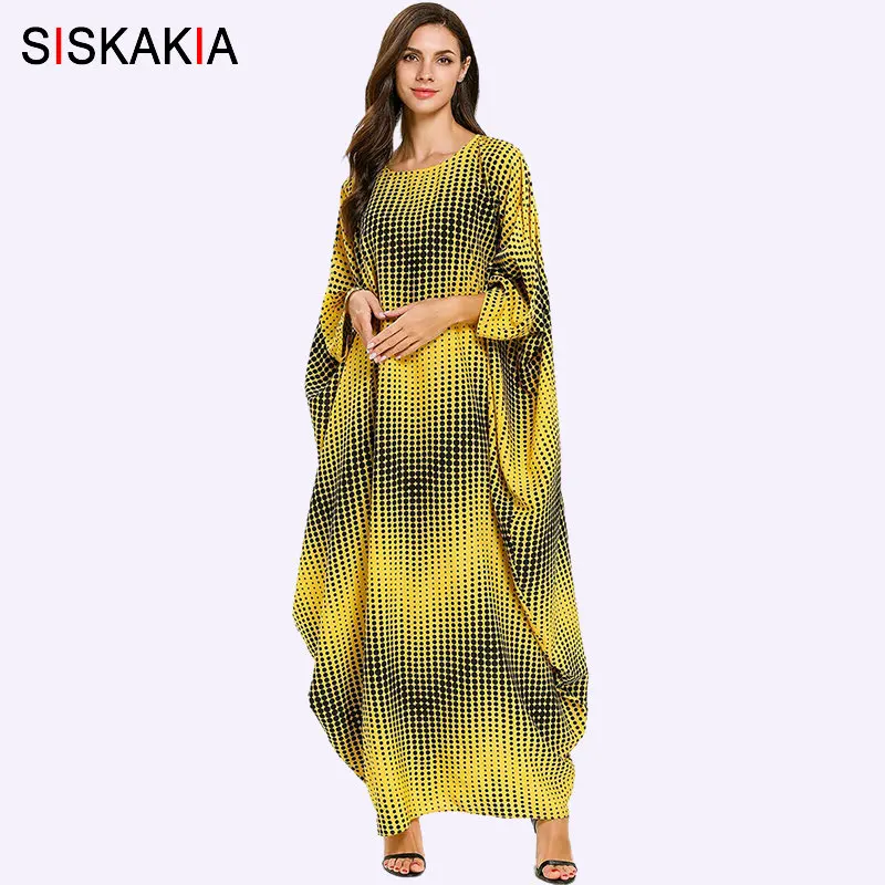 

Siskakia Wavy Dot Featured Printing Women Long Dress Yellow Loose Plus Size Bat Sleeve Dressing Gowns Female Abaya Dress Arab