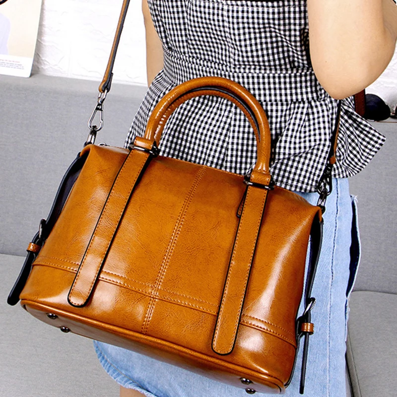 

New Oil Wax Cowhide Women Shoulder Messenger Bags High Quality Genuine Leather Fashion Tote Handbag Crossbody Top Handle Bag