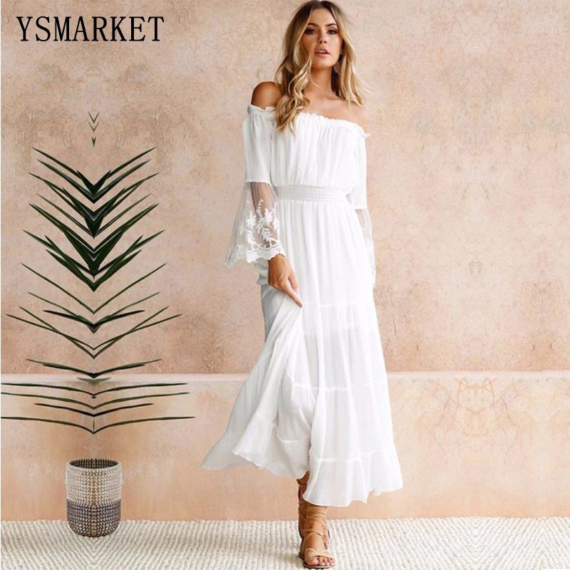 

Women White Beach Long Dress Summer Sexy Off Shoulder Lace Flare Sleeve Elastic Waist Holiday Dresses 100% Cotton QC194