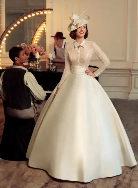 Vestido De Festa 1930s Vintage High Neck Long Sleeve Ball Gown