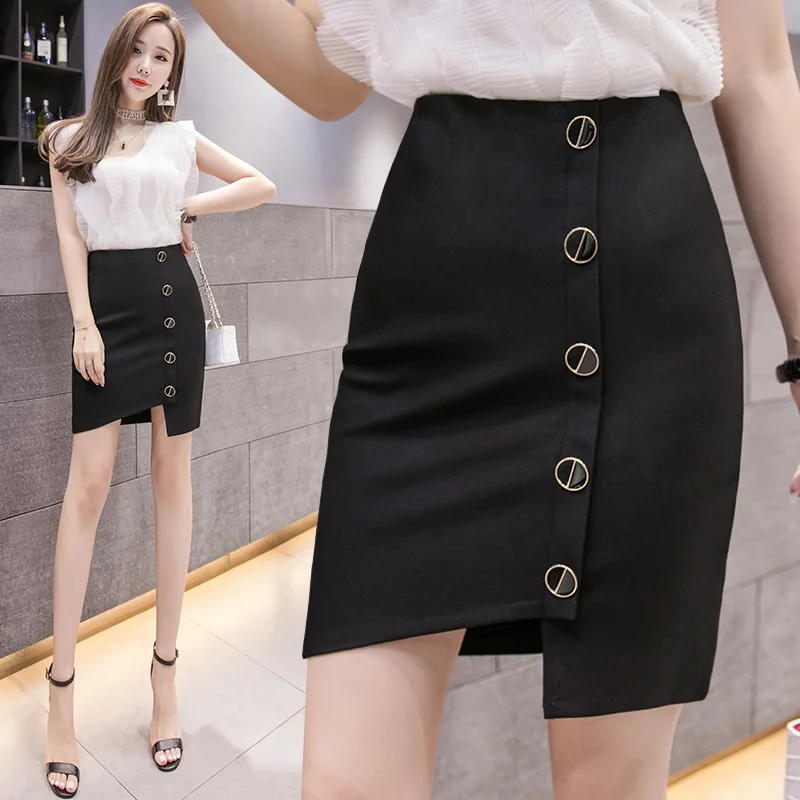 

Plus Size Sexy Black Irregular Slit Pencil Iron Button Short Skirts Korean Style Office Elastic High Waist Bag Hip Skirt Women