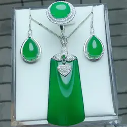 Модные ювелирные изделия натуральный зеленый наборы нефритовые медуллярные ювелирные изделия Кулон Кольцо Серьги с 925 серебряные женские