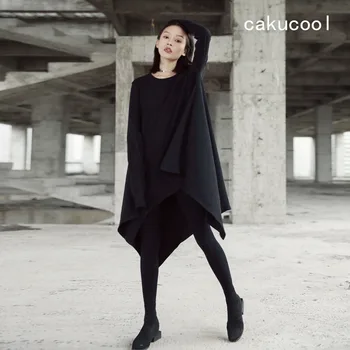 

Cakucool New Solid Black Women Asymmetric Long Sleeved Dress Normcore Loose Mid Long Vestidos Autumn Gothic Dresses Plus Size