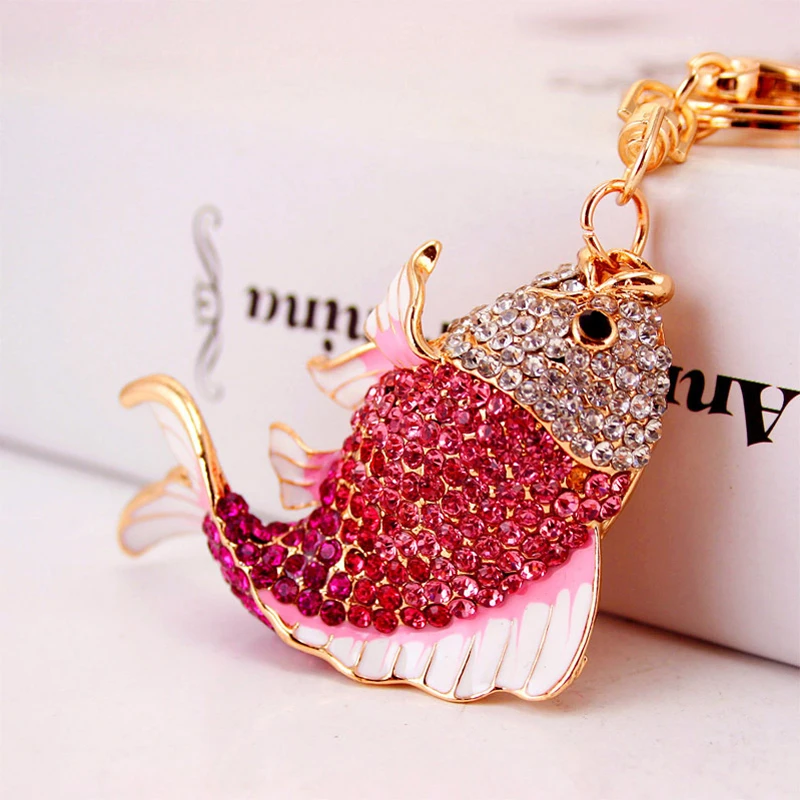 

Fashion Gold Plating Metal Alloy Keychain with Clear Pink Rhinestones Jeweled Fish Decor Pendant Charm