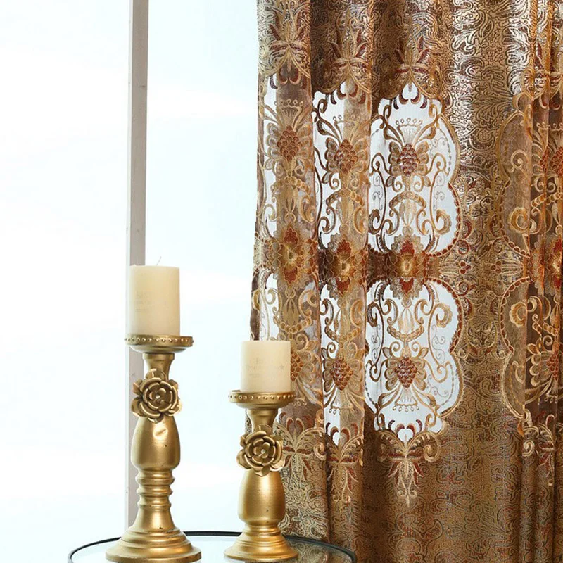 Cortinas bordadas de oro de lujo para sala de estar cortinas de Valance de estilo europeo tratamiento de ventana decorativo L-37