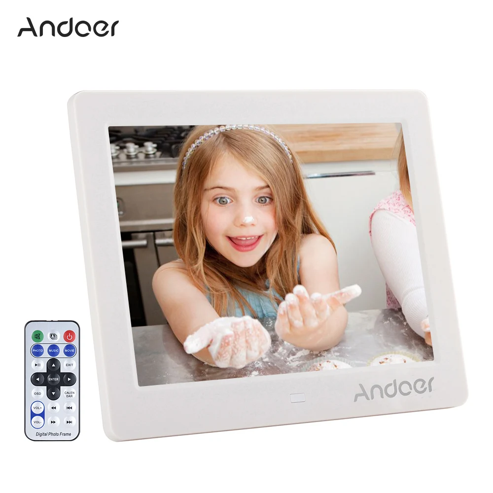 Andoer " HD Цифровая фоторамка широкий экран Будильник с высоким разрешением MP3 MP4 проигрыватель фильмов с пультом дистанционного управления Рождественский подарок - Цвет: White