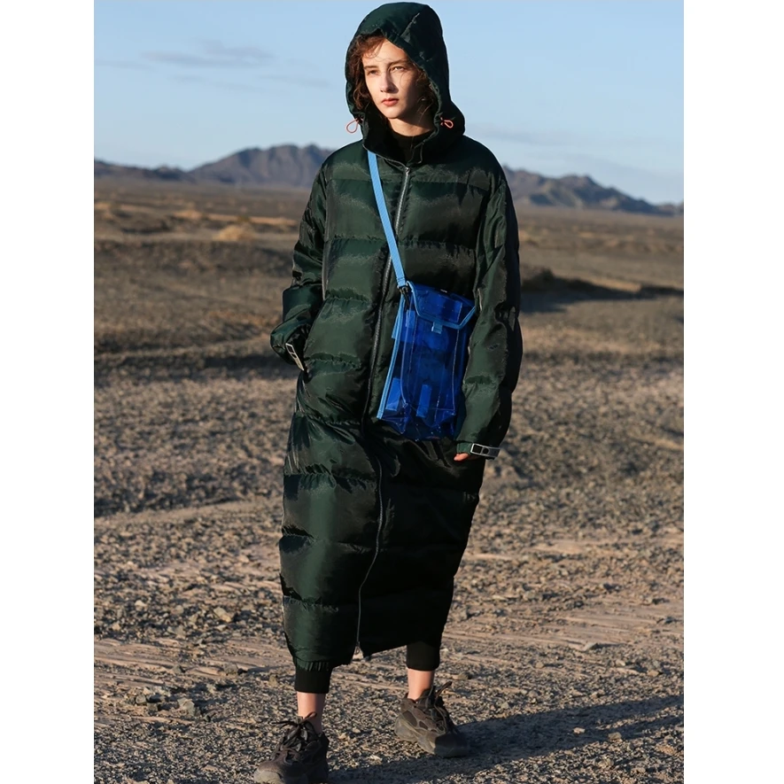 IRINAY046 2018 New Collection special fabric shiny dark green simple long oversized white duck down jacket winter coat women
