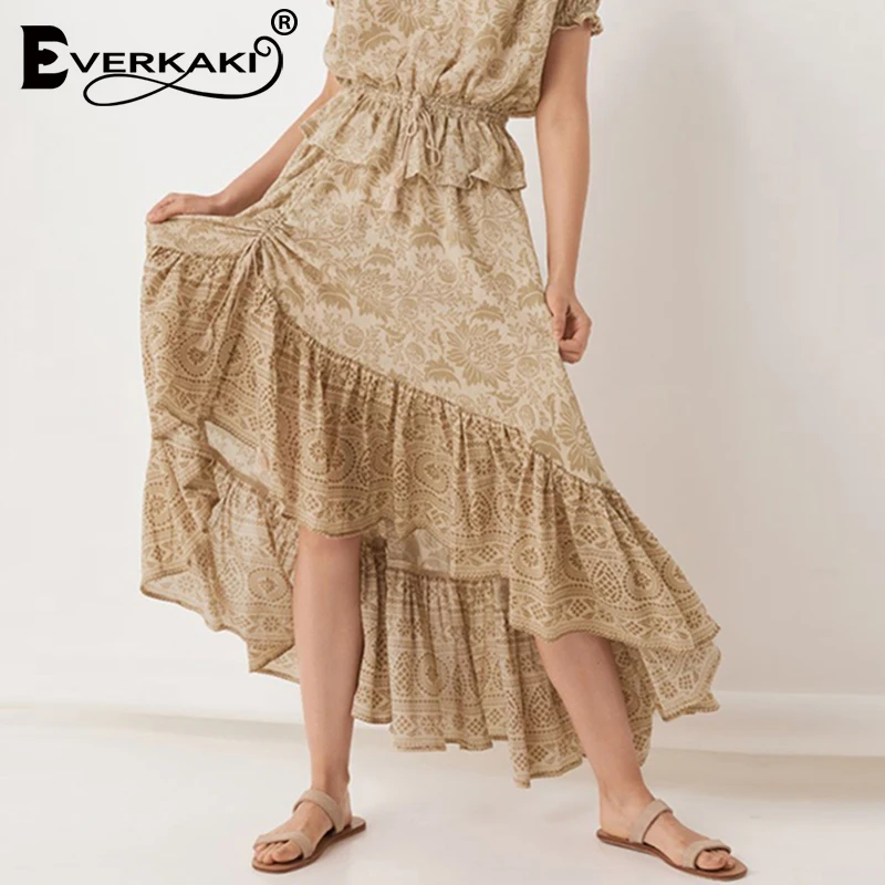 Everkaki богемные Цветочные желтые сексуальные женские юбки повседневные пляжные летние юбки с разрезом и высокой талией Миди женские юбки