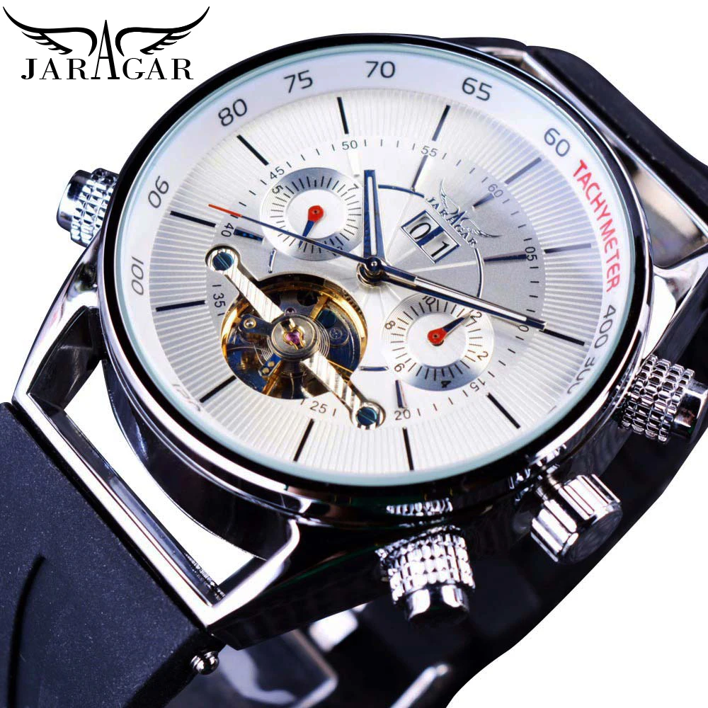 

Jaragar Men Automatic Mechanical Watch Fashion White Calendar Luxury Silicone Band Top Brand Self-Wind Watches Relogio Masculino