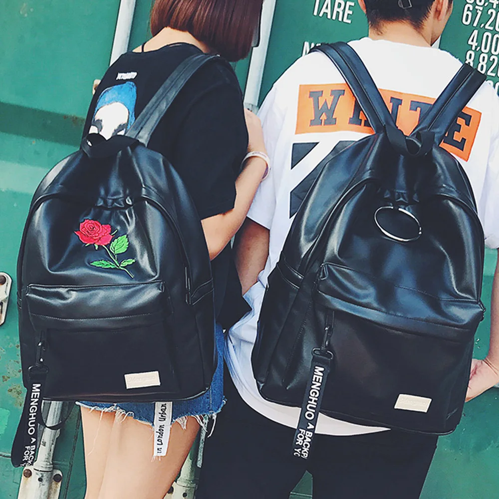 Menghuo Unisex PU Leather Backpack Women Embroidery Rose Backpack Lovers Men's Leather Backpack Travel Bag for Teenagers Mochila