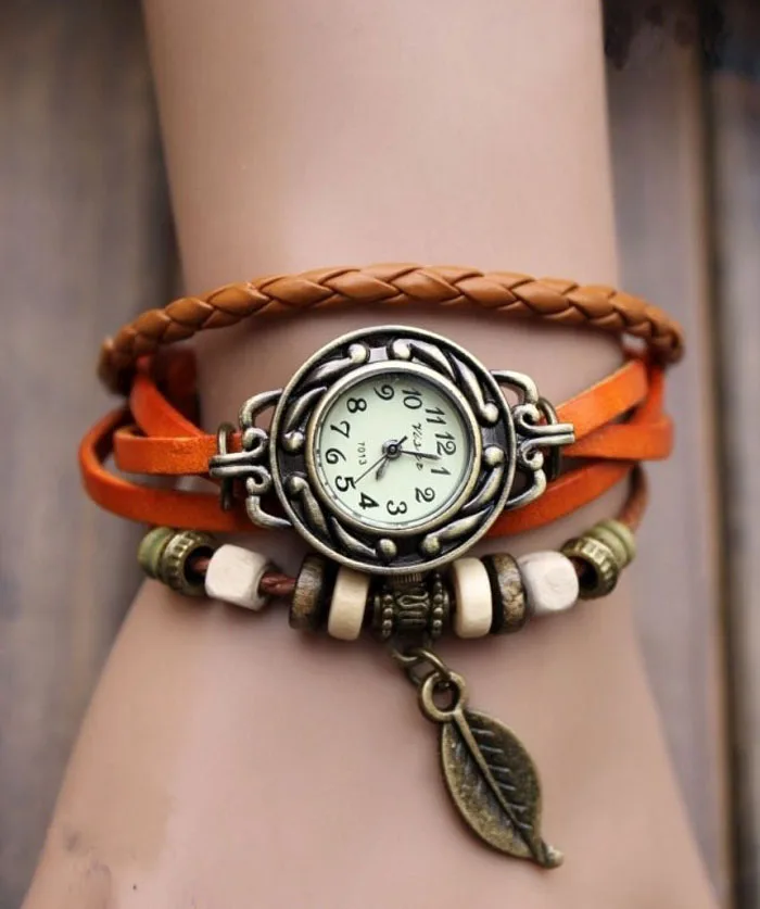 Винтажные браслеты Женские многослойные плетеные браслеты кварцевые кожаные браслеты наручные часы для женщин браслеты украшения подарки - Окраска металла: as picture